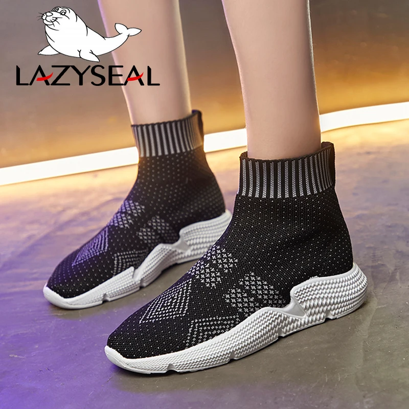 

LazySeal New Knitting Ankle Boots For Women Shoes Gingham Flat Heels Slip-on Square Toe Casual Shoes Womens Boots Ladies Booties