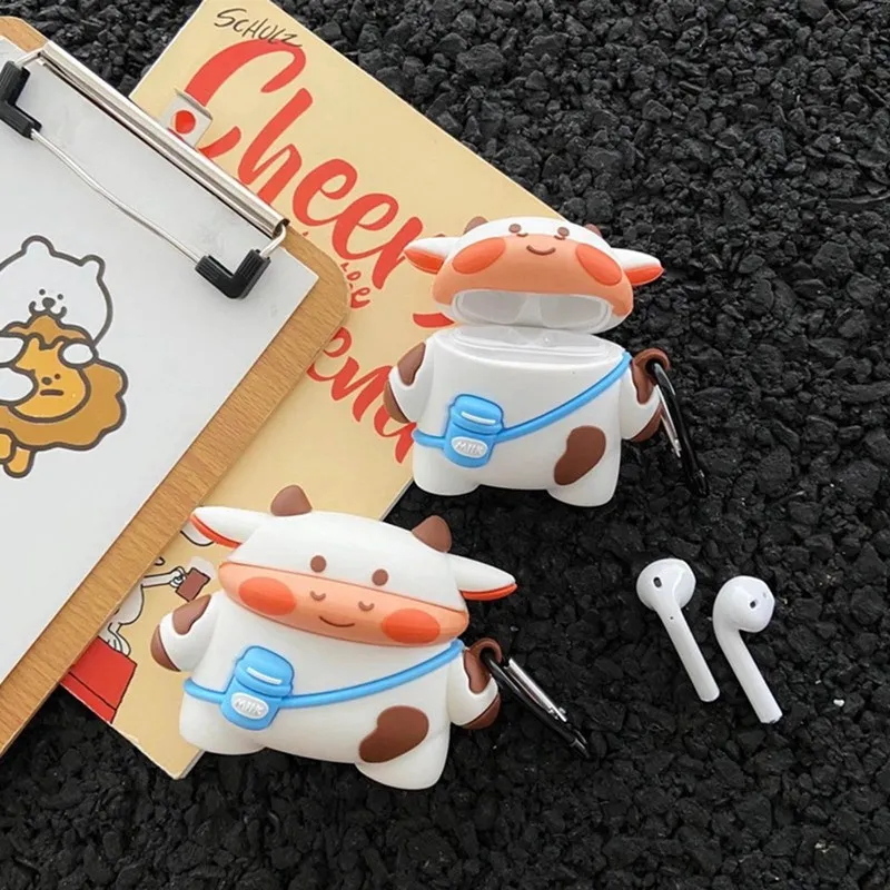 

Cartoon Cow Silicone Earphone Protector for AirPods 1/2/3 Pro Protective Cover with Carabiner for Apple Earphone Charging Box