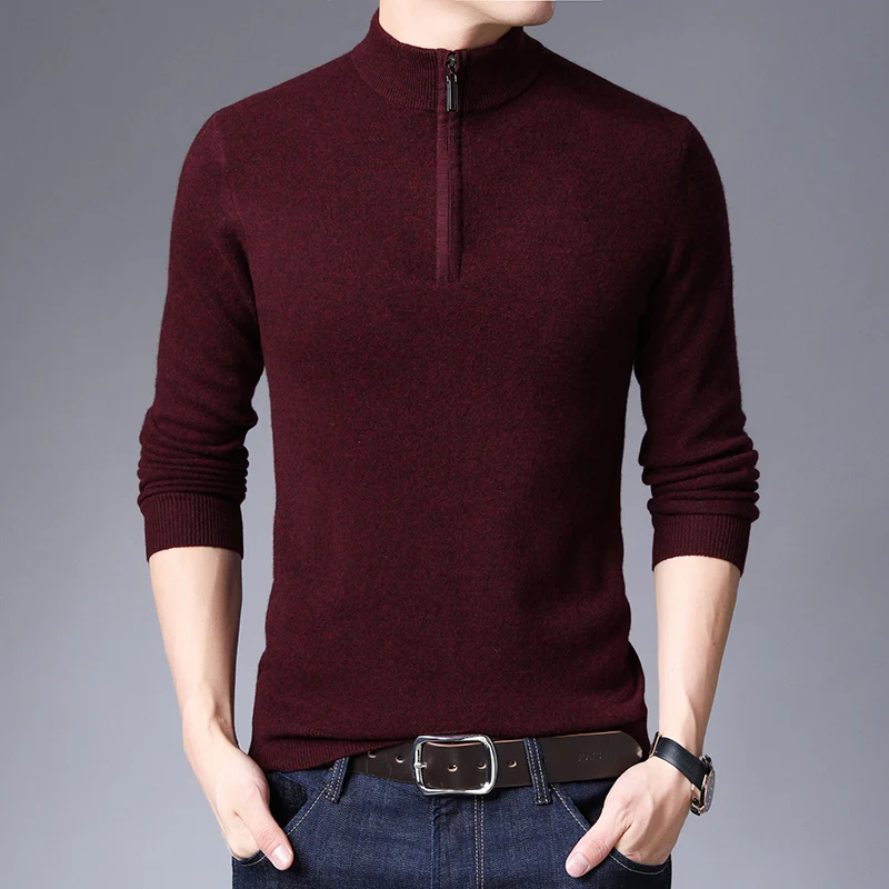 Шерсть, модный брендовый мужской свитер, пуловер на молнии, облегающие вязаные Джемперы, зимняя теплая повседневная мужская одежда на молнии
