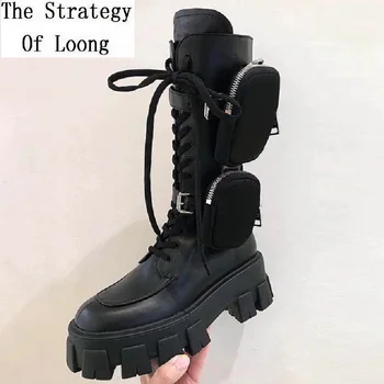 

Spring Autumn Women Buckle Pocket Platform Motorcycle Half Boots Winter Ladies Lace-Up Plush Mid-Calf Equestrian Boots 191206