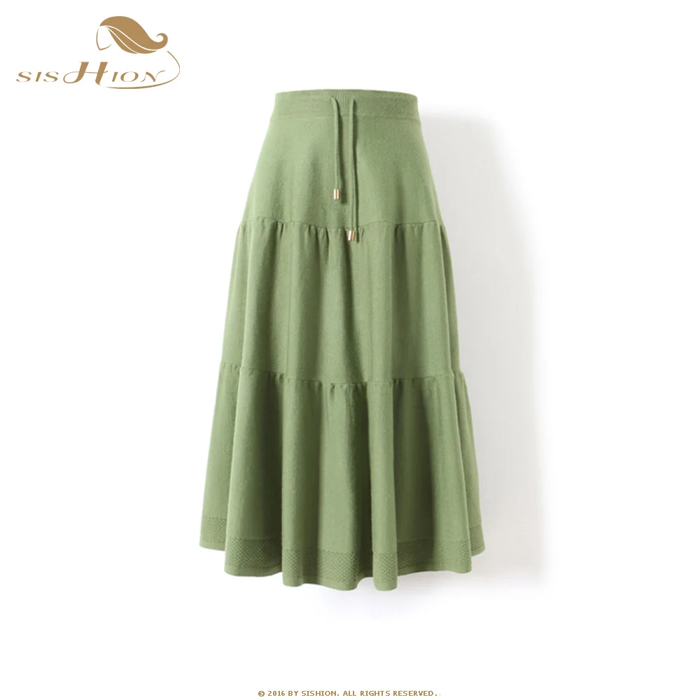 SISHION Knitting Skirts One Size Autumn Winter Black Lace Up Elastic Waist Slim Large Size Long Casual Skirts QY0710