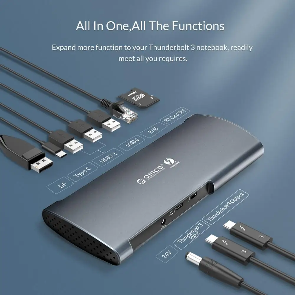Док-станция ORICO Thunderbolt 3 usb-хаб type C-DP HDMI USB 3,0 RJ45 SD 60 Вт зарядный адаптер 40 Гбит/с для Macbook Pro huawei