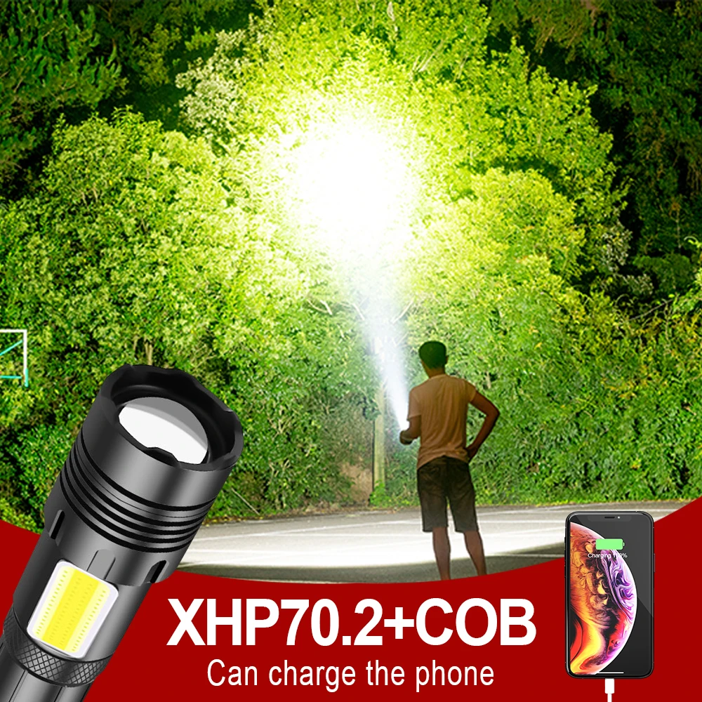 Мощный яркий фонарик XHP70.2 светодиодный высокой мощности с зарядкой от USB лампа