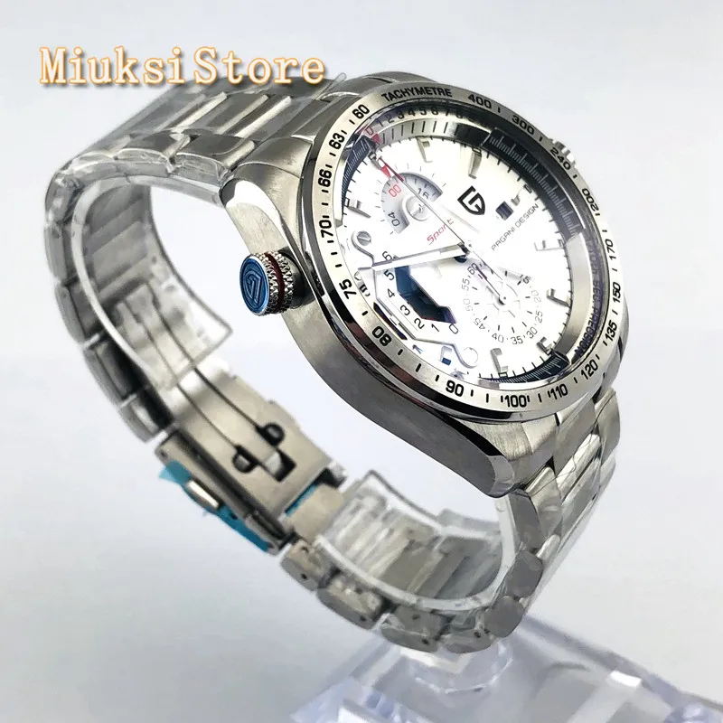 Новые 44 мм Pagani Дизайн Топ часы из серебристой стали оправа белый циферблат Кварцевые спортивные роскошные многофункциональные мужские наручные часы