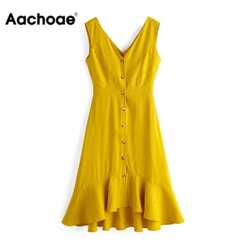 

Solid V Neck Midi Dress Women Ruffles Sleeveless Beach Dress Summer Hollow Out Backless Stylish Chic Dress Vestido De Festa S-L