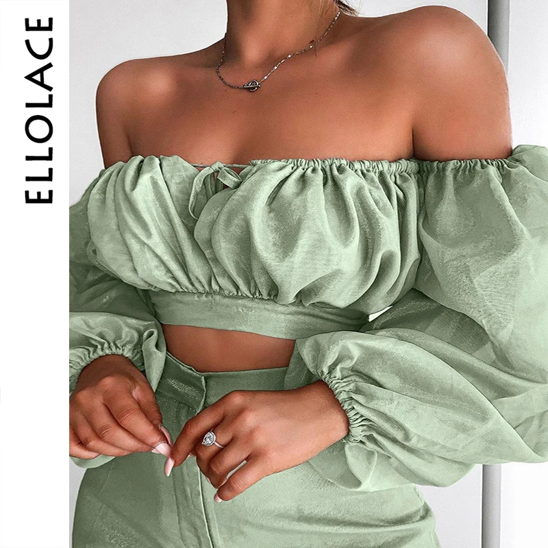 

Ellolace Sexy Off Shoulder Puff Long Sleeve T Shirt Women Strapless Female Tops Loose Ladies Tshirt Tanks 2019 New Crop Tops