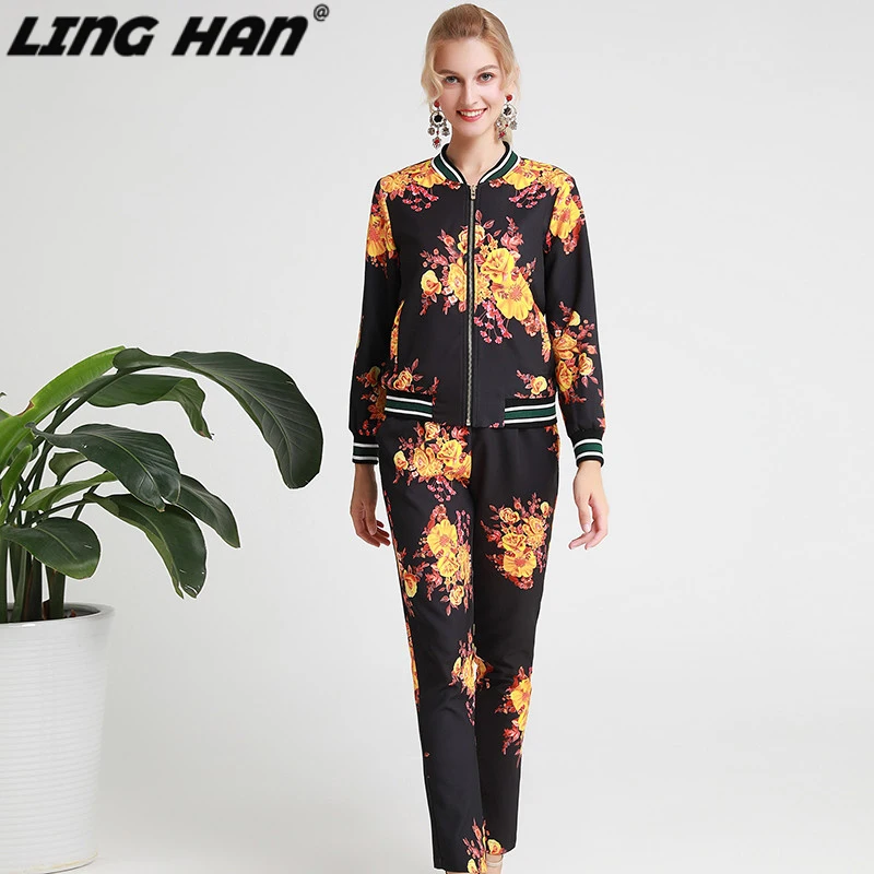LING HAN/модный дизайнерский комплект, Весенняя женская куртка с длинными рукавами и цветочным принтом, топы+ брюки, костюм из двух предметов