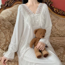 

white princess nightgown women lace embroidery long sleeve bow tie cute night dress homewear palace ruffles new spring D052