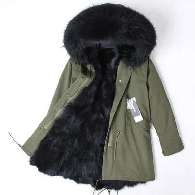 MaoMaoKong2019, Длинная зимняя куртка, женская верхняя одежда, толстые парки, пальто с воротником из натурального меха енота, с капюшоном, настоящая теплая подкладка из лисьего меха - Цвет: Long 6