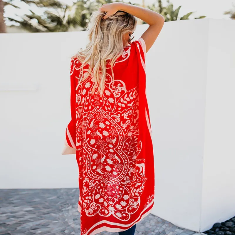 

2019 Women Plus Size Lace Loose Blouse Summer Sunscreen Shirts Print Long Shirt Beach Style Cardigan Kimono Blouses Dropshipping
