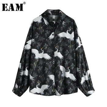 

[EAM] Women Black Pattern Printed Big Size Blouse New Lapel Long Sleeve Loose Fit Shirt Fashion Tide Spring Autumn 2020 1S362