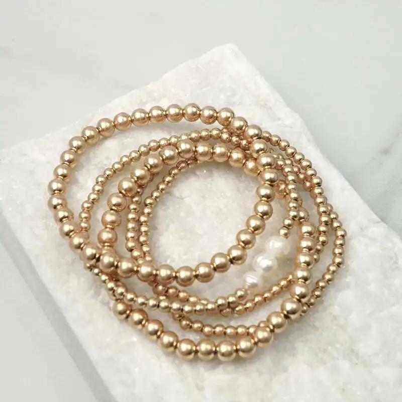Beaded Bracelet Sets Gold Filled Beads Pearl Charm Elastic Bangles for Women Silver Color Mini Cube 5 PCS/Set