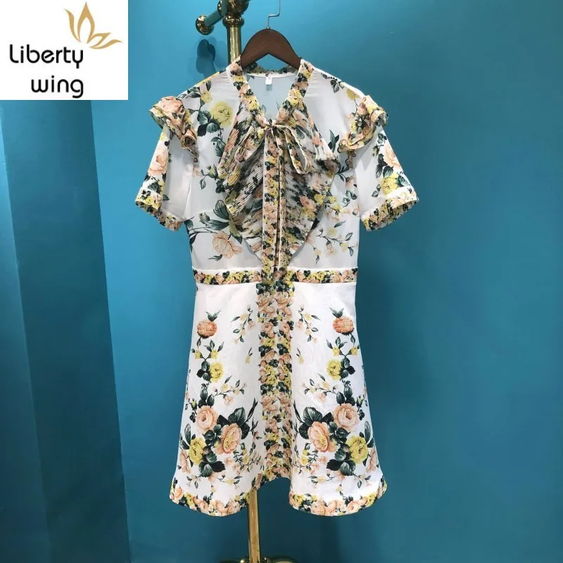 

Платье женское ТРАПЕЦИЕВИДНОЕ с бантом, повседневное с коротким рукавом и оборками, с цветочным принтом, одежда на весну-лето