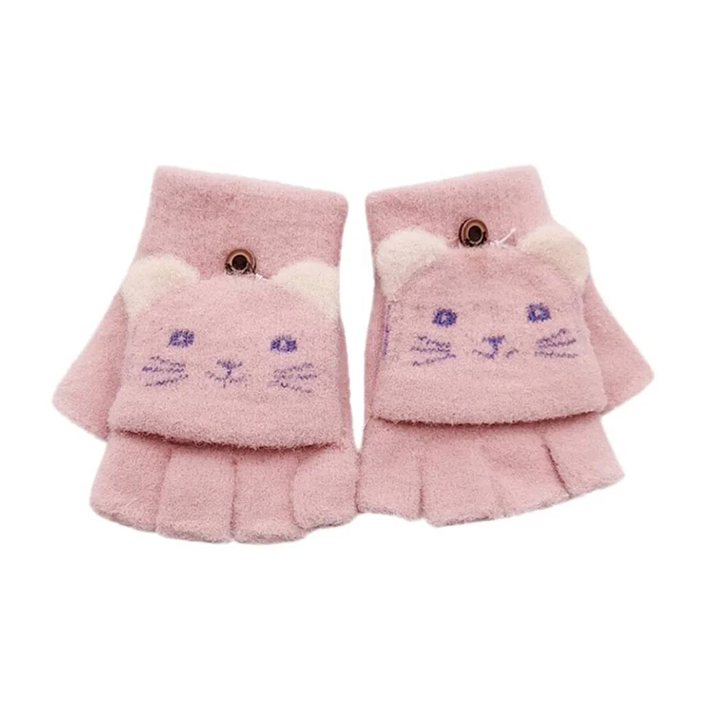 Pink Детские Зимние перчатки для мальчиков и девочек с рисунком кота из мультфильма; цветные теплые вязаные перчатки на полпальца; варежки; перчатки для улицы - Цвет: Pink