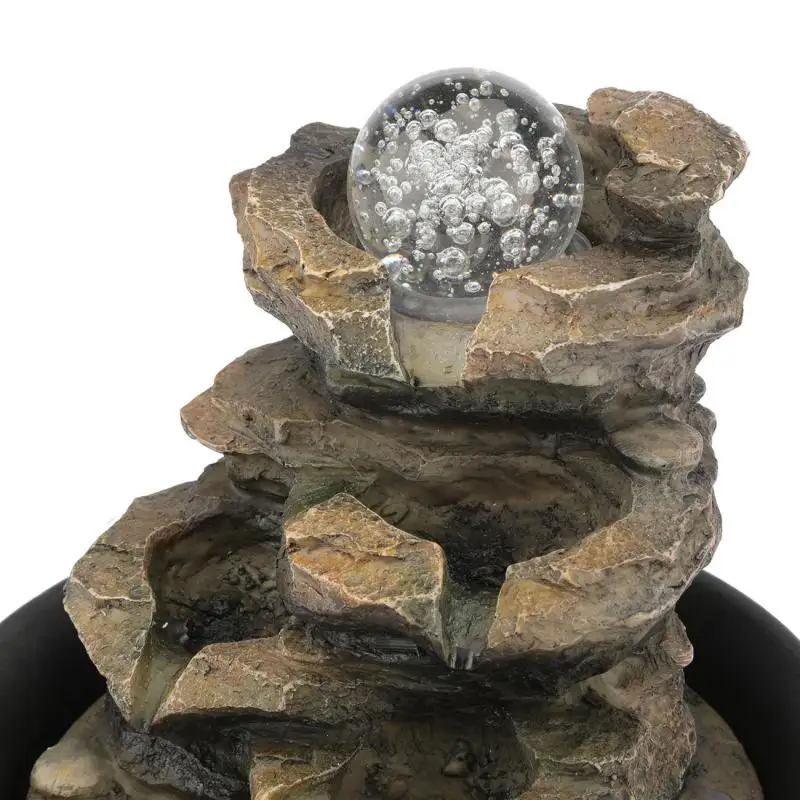 4-tier cascading resin-rock falls tabletop water fountain with led geomantic ball for office study room indoor home desk decor