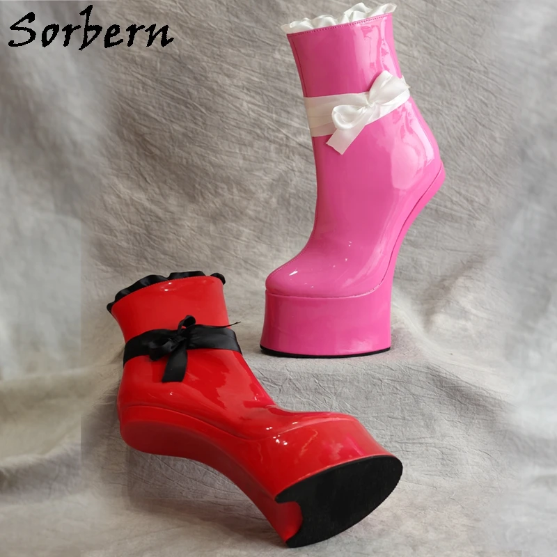 Sorbern Exotic Bowknot Horse Heel Boots Ankle High Heelless Comfortable