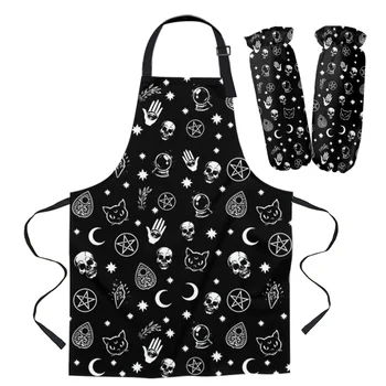 

Apron Kit Black Witch Skull Moon Divination Kitchen Bib Oven Mitts for Cooking Woman Kids Aprons Cuff Baking Accessories
