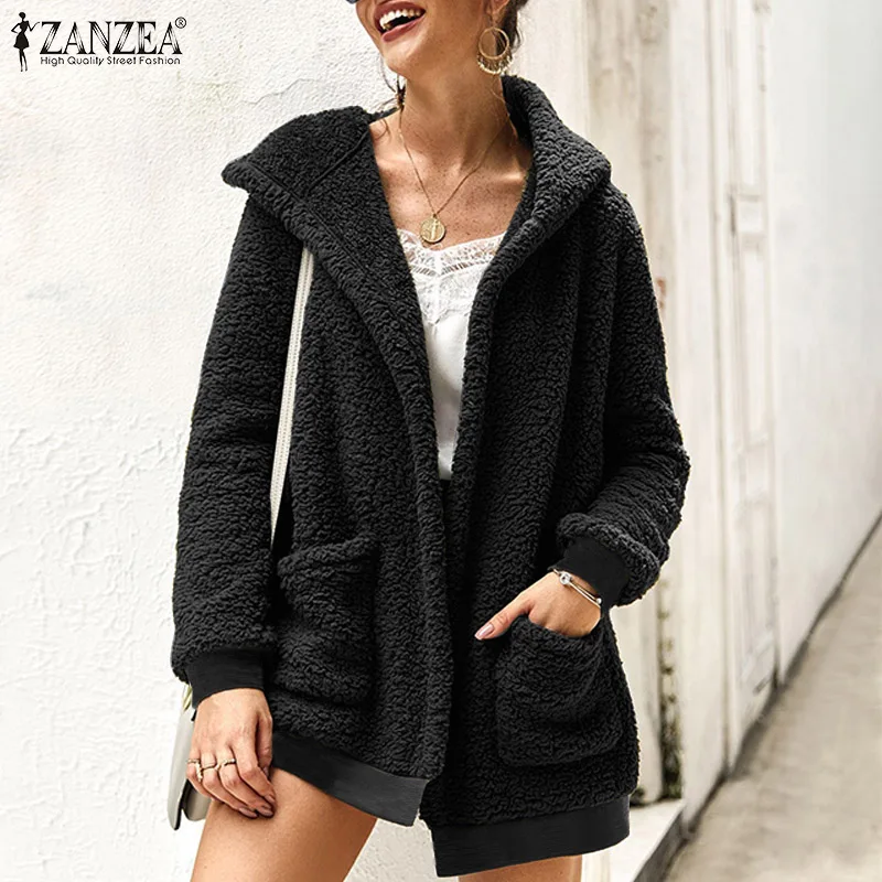Зимнее женское пальто из искусственного меха с длинным рукавом, одноцветные пальто, куртки, верхняя одежда, ZANZEA, Женская Повседневная теплая верхняя одежда с капюшоном, кардиган плюс