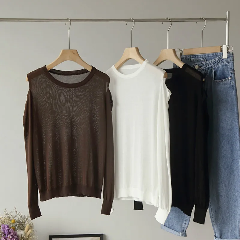 Thin Cold Shoulder Knitted Women o-neck Sweater Pullovers Spring Autumn Basic Sweaters Pullover Slim Black High Quality | Женская одежда