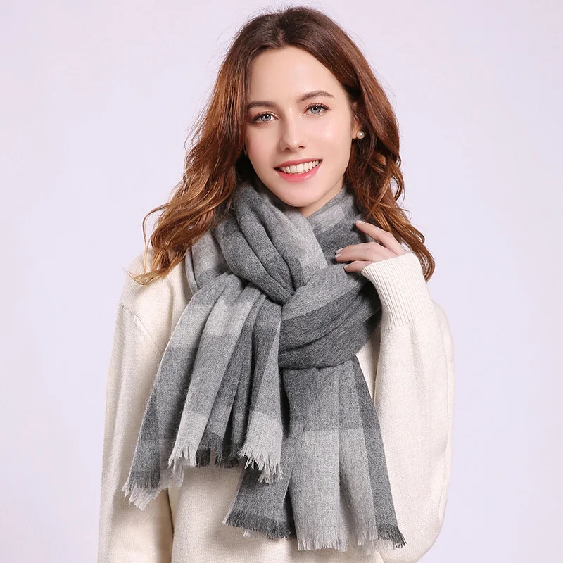 Winter Wool Scarf Women Plaid Shawls and Wraps for Ladies Pashmina Foulard Femme Warm Cashmere Echarpe Pure Wool Scarves - Цвет: Color 6