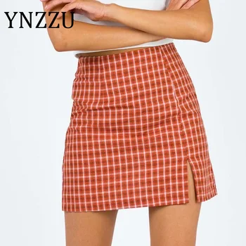 

YNZZU Plaid High Waist Skirts Womens Bottom Bodycon Pencil Short Skirt Female Vintage Mini Summer Split Skirt 2020 AB298
