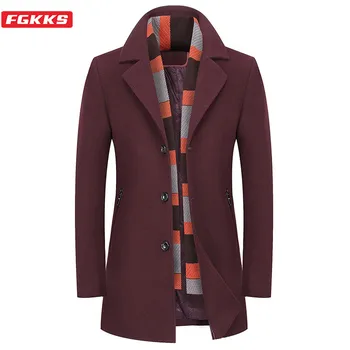 

FGKKS Winter Wool Blend Coats Men's Quality Brand Men Business Long Section Overcoat Warm Thick With Scarf Wool Coat Male