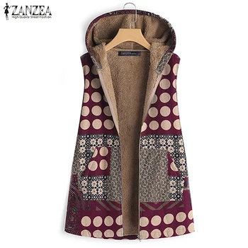 

Oversized Women's Jackets ZANZEA 2020 Casual Printed Coats Zipper Faux Fur Coat Women Hooded Overcoats Autumn Sleeveless Jackets