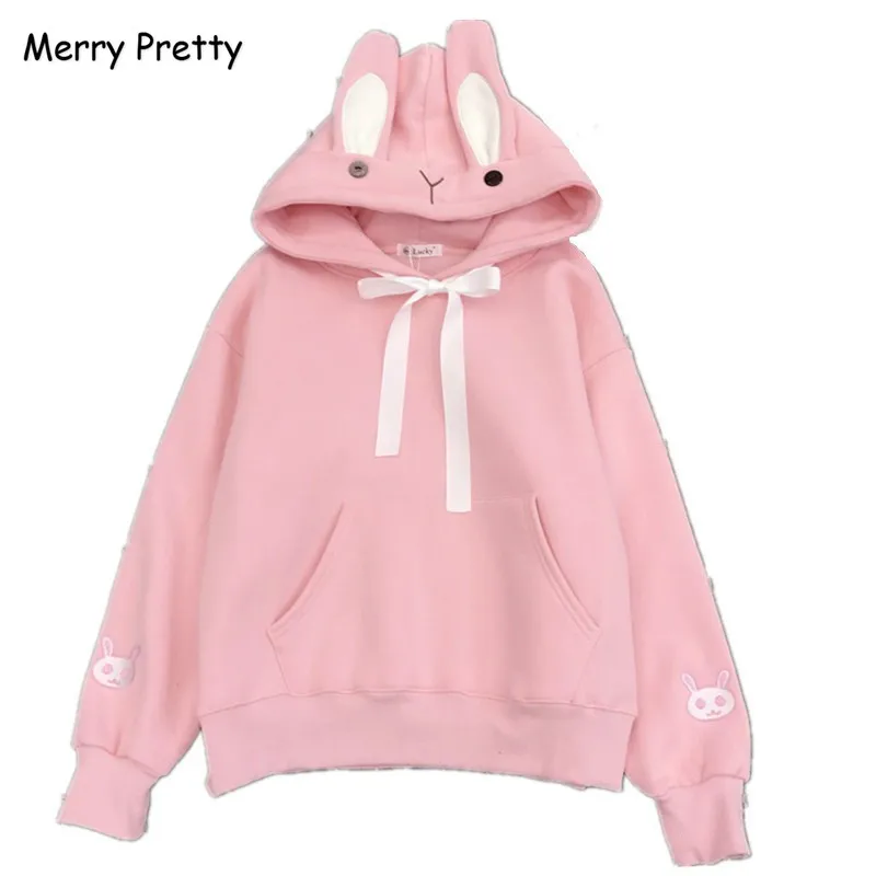  Merry Pretty Kawaii Sweet Rabbit Ears Hooded Sweatshirt Women Harajuku Cartoon Embroidery Hoodies T
