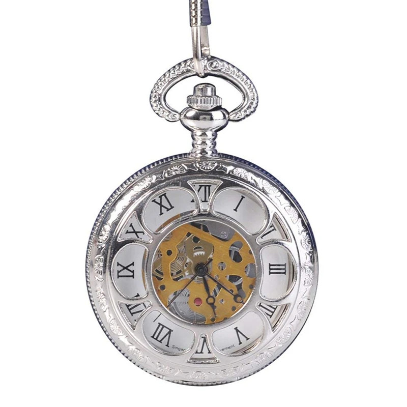 

Hunter Quartz Roman Numerals Pocket Watch for Men with Chain Silver