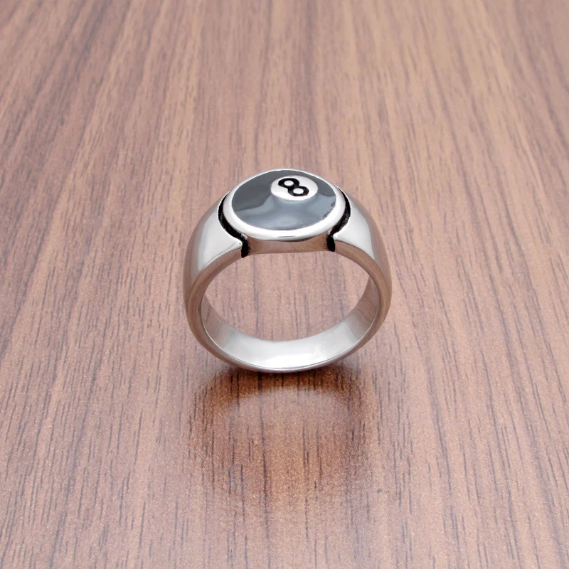 Punk 316L Stainless Steel Black 8 Sliver Color Men's Pool Eight Ball Ring Jewelry 6