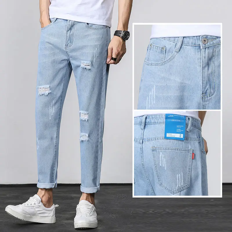 Primavera y verano de los hombres de Corea del Color sólido arrancó recto ancho de la pierna de los pantalones vaqueros de tendencia salvaje mendigo nueve punto Denim Pantalones de los hombres
