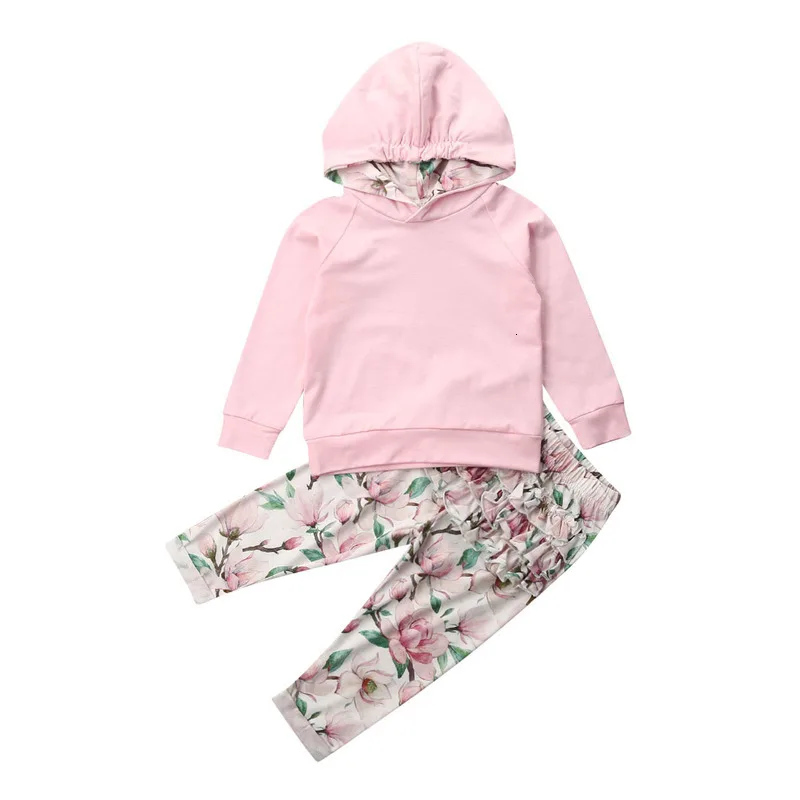 Спортивный костюм для маленьких девочек толстовка с капюшоном Топ, штаны с цветочным рисунком комплект со штанами Модный комплект одежды унисекс для малышей от 0 до 24 месяцев