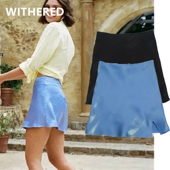 

Withered faldas mujer moda 2020 ins blogger fashion retro candy color satin forking sexy summer mini skirt women skirts womens