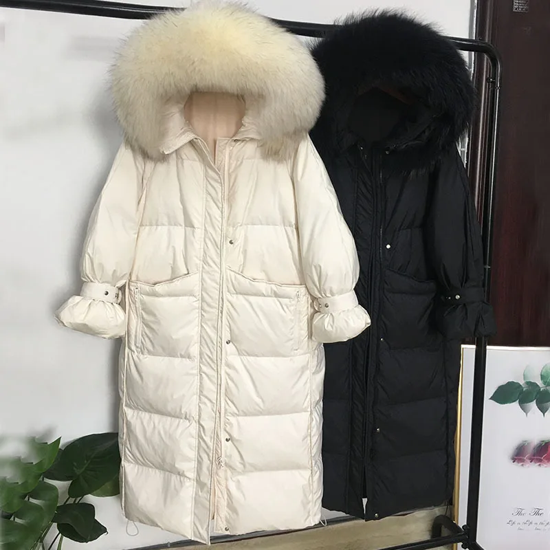 Down Jacket Women's Mid-length New Style Korean-style over-the-Knee Large Fur Collar White Slim Fit Hooded Coat Fashion