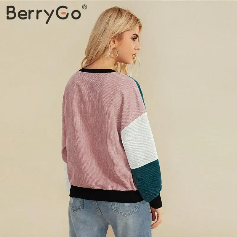 BerryGo, контрастные цвета, женские вельветовые футболки, повседневные, с длинным рукавом, с круглым вырезом, женские топы, рубашки, Осень-зима, лоскутные женские топы