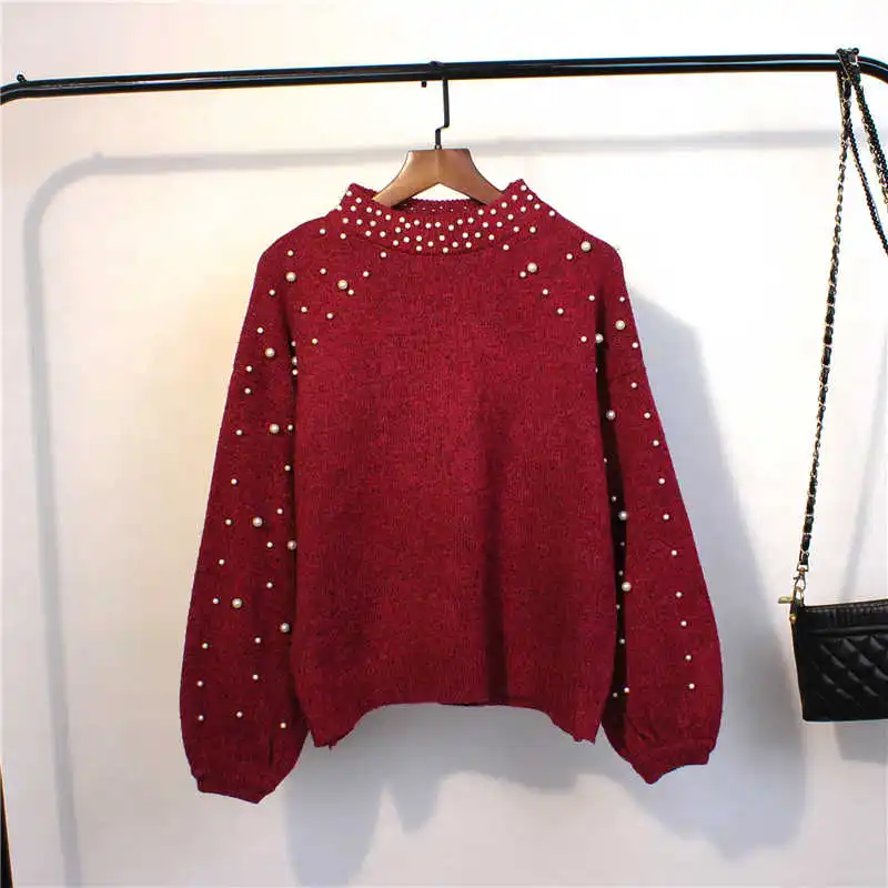 Женский вязаный свитер модный Повседневный корейский стиль женский длинный рукав обертывание спереди Свободный пуловер Джемпер с жемчугом - Цвет: Red