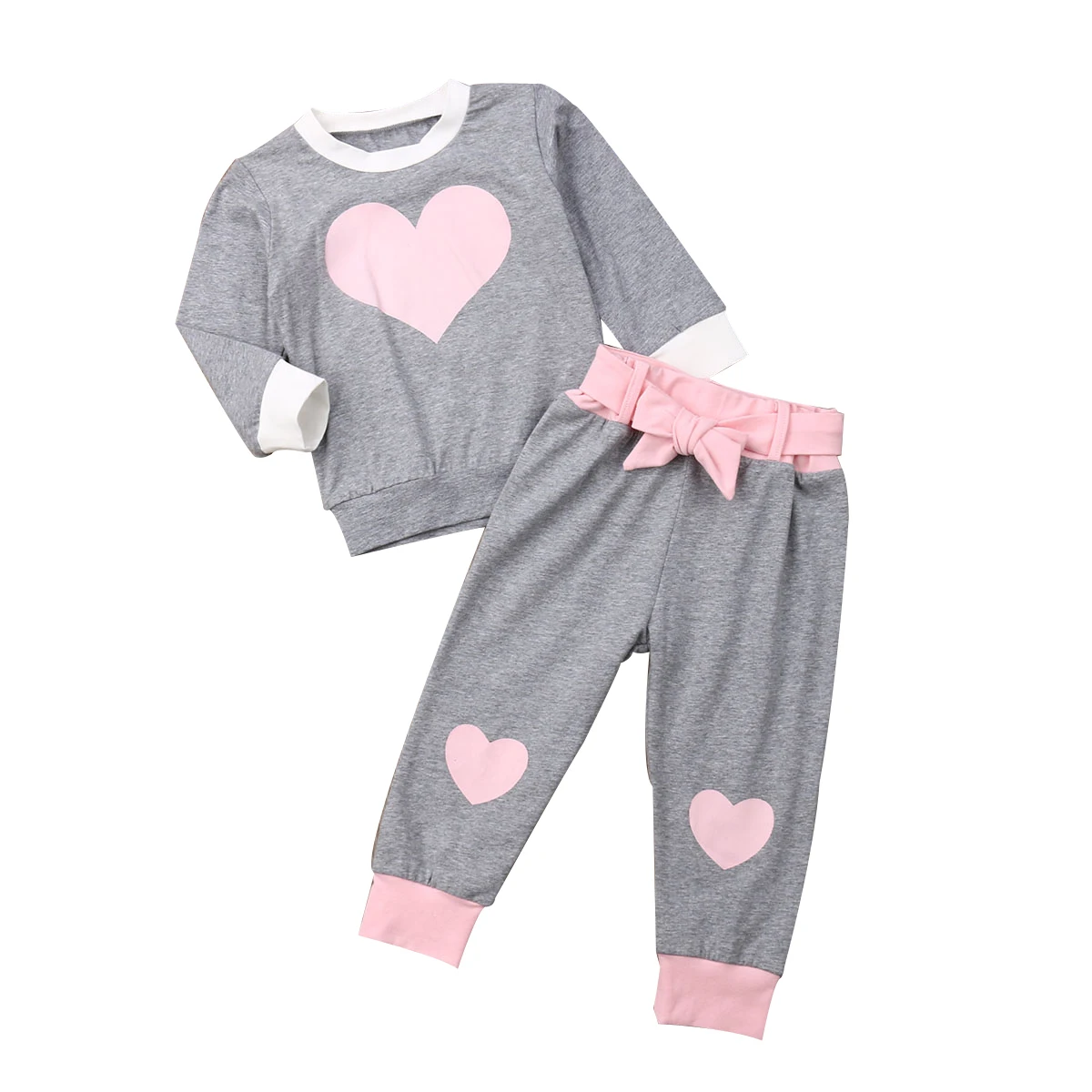  2 PCS Baby Girls Pink Love Heart Print Long Sleeved Cotton T-Shirt Tops + Pants