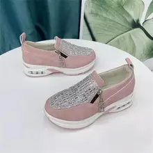 

New Women Shoes Solid Color PU Round Toe Thick Bottom Rhinestone Zipper Fashion All-match Four Seasons Casual Shoes AQ284