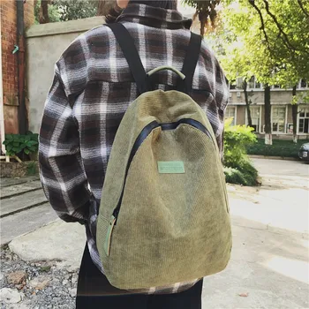 

Fashion Corduroy Backpack Style Soft Fabric Female Pure Colour Student Bag SchoolWomen Striped For Teenage Girls Travel