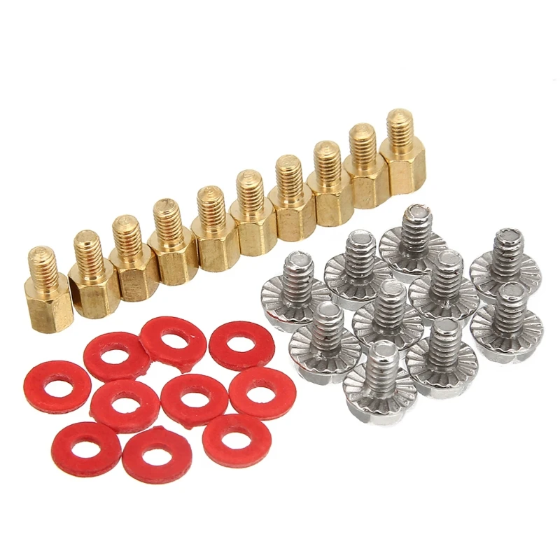 Set of 20 Golden Motherboard Risers with Screws, Red Washers, and Gaskets (6.5mm, 6-32-M3) Description Image.This Product Can Be Found With The Tag Names Computer motherboard hardware, Computer motherboard riser screws washers, Red washers screws motherboard, Us pc hardwares