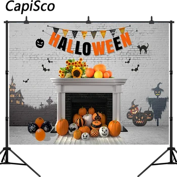 

Capisco Halloween Photography Backdrop Graffiti White Brick Wall Pumpkin Sunflowers Decoration Party Photo Background Studio
