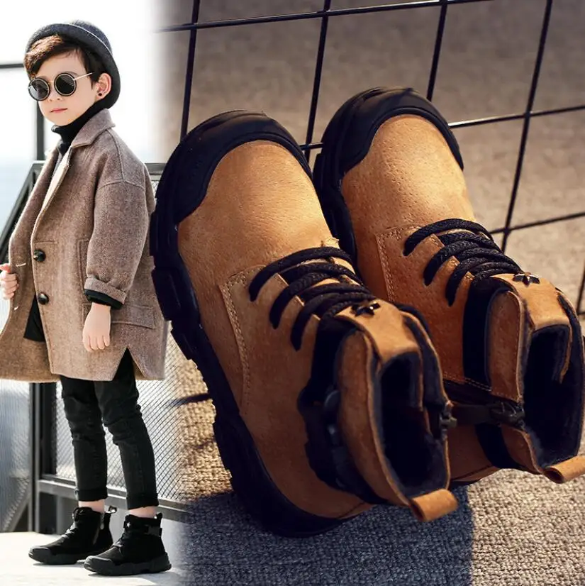Модные зимние детские ботинки; плотные детские ботинки из натуральной кожи; теплые плюшевые Ботинки martin с мягкой подошвой для девочек; зимние лыжные ботинки для малышей