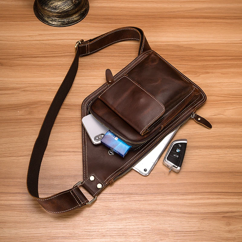 2021 Thick Real Leather Men Unique Travel Triangle Chest Sling Bag Design 8