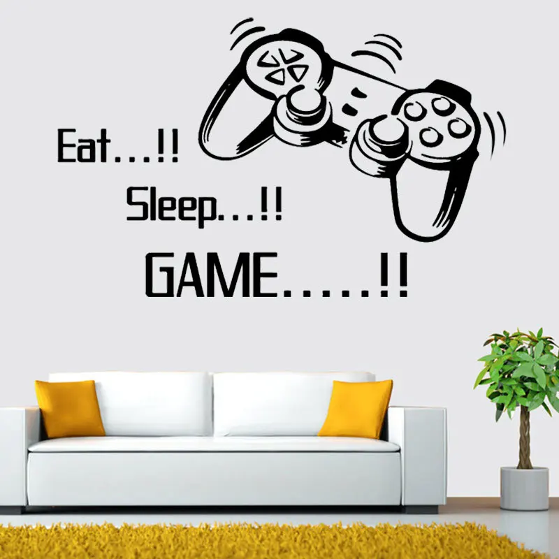 Наклейка на стену с надписью Eat Sleep Game Виниловая наклейка джойстик геймпад геймер