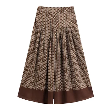 

2020 Spring Women's New Retro Contrast Color High Waist Wide Pants Legs Zip Closure Printed Wide Leg Pants