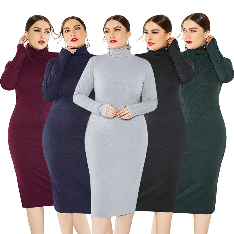 

Winter Dress Plus Size 4xl 5xl XXXXL XXXXXL Knited Dress Long Sleeve Stretch Turtleneck Knit sweater Dresses for Women Autumn