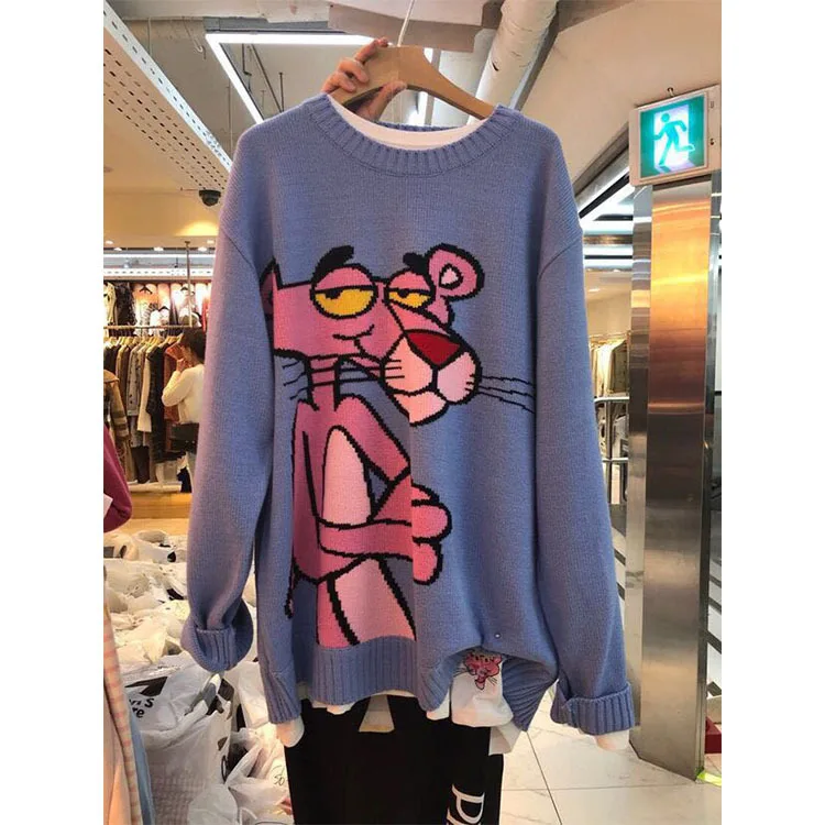 Ленивый ветер мультфильм розовый свитер с леопардовой раскраской женский свободный круглый вырез пуловер свитер - Цвет: Синий