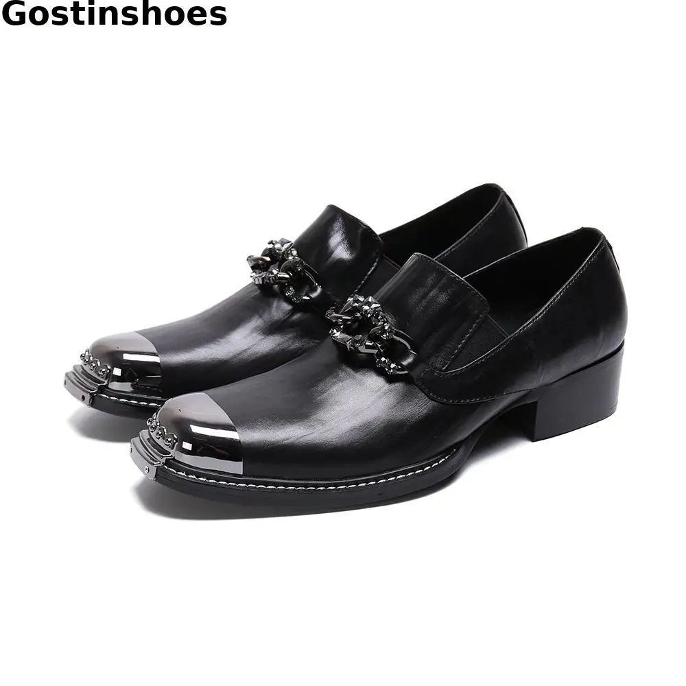 

Fashion Shoes Men Genuine Leather Black Square Iron Toe Head Slip On Dress Formal Oxfords Shoes Office Wedding Party Wear