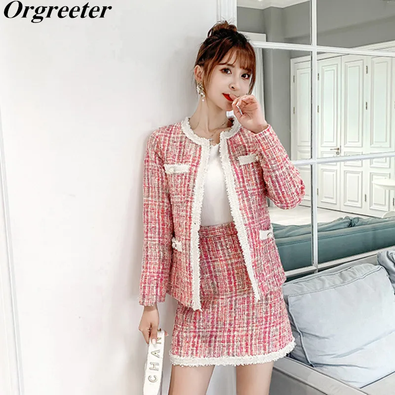 

Fall Winter Tweed Coat and A-line Skirt Two Piece Set Elegant Long Sleeve Pocket Short Cardigan+ Mini Skirt Suit Lady Clothing