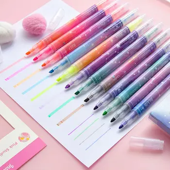 

12pcs/set Double Headed Highlighter Pens Stationery Kawaii Starry Fluorescent Maker Drawing Office School Supplies